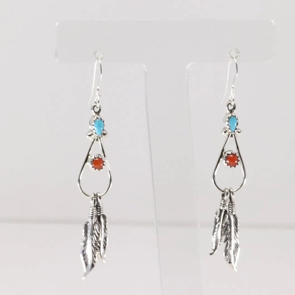 Native America Navajo Sterling Silver Coral & Turquoise Dangling Earring - Picture 3 of 4